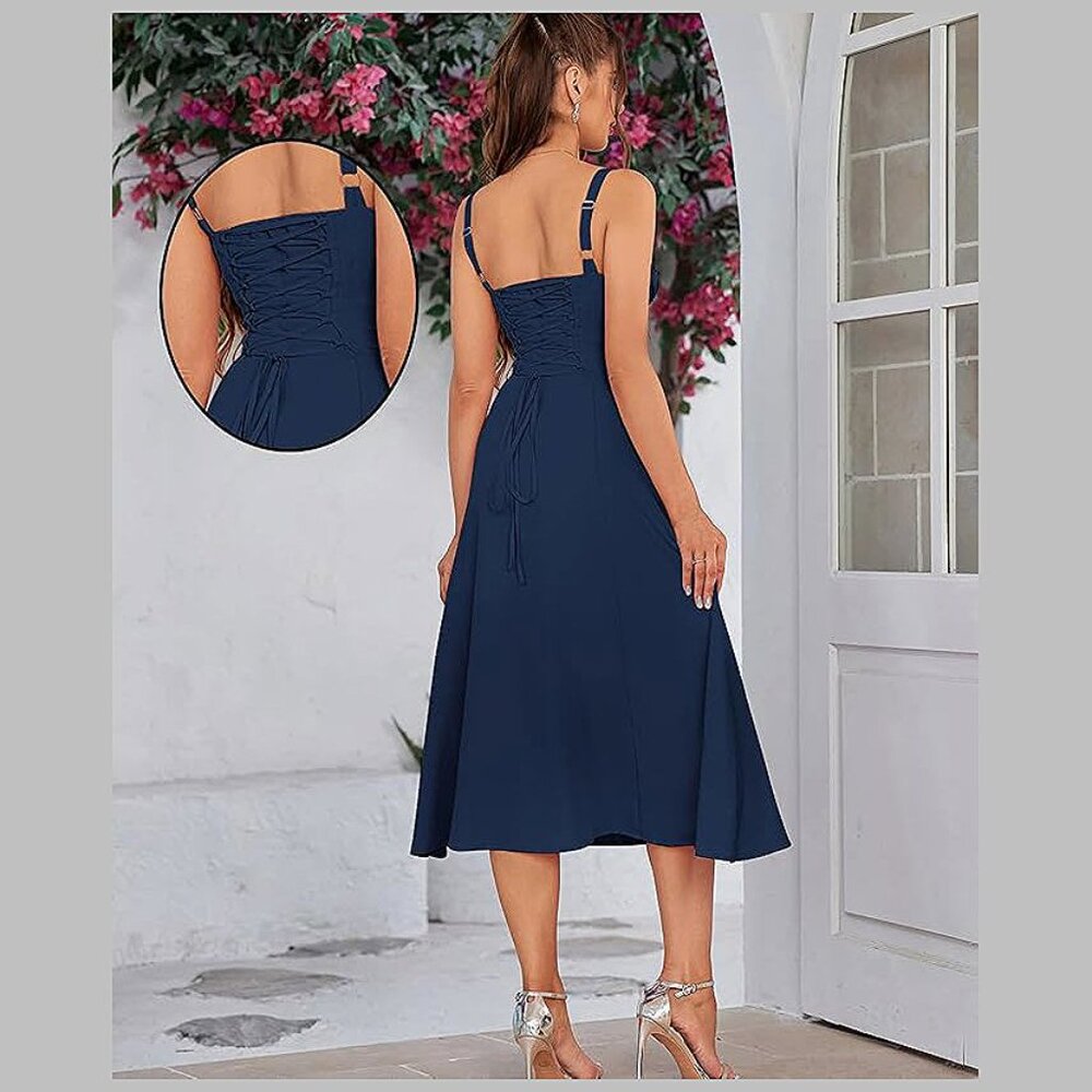 Floral Midi Corset Dress Boho Flowy Slit Lace Up Dresses for Women Solid Navy - Picture 3 of 5